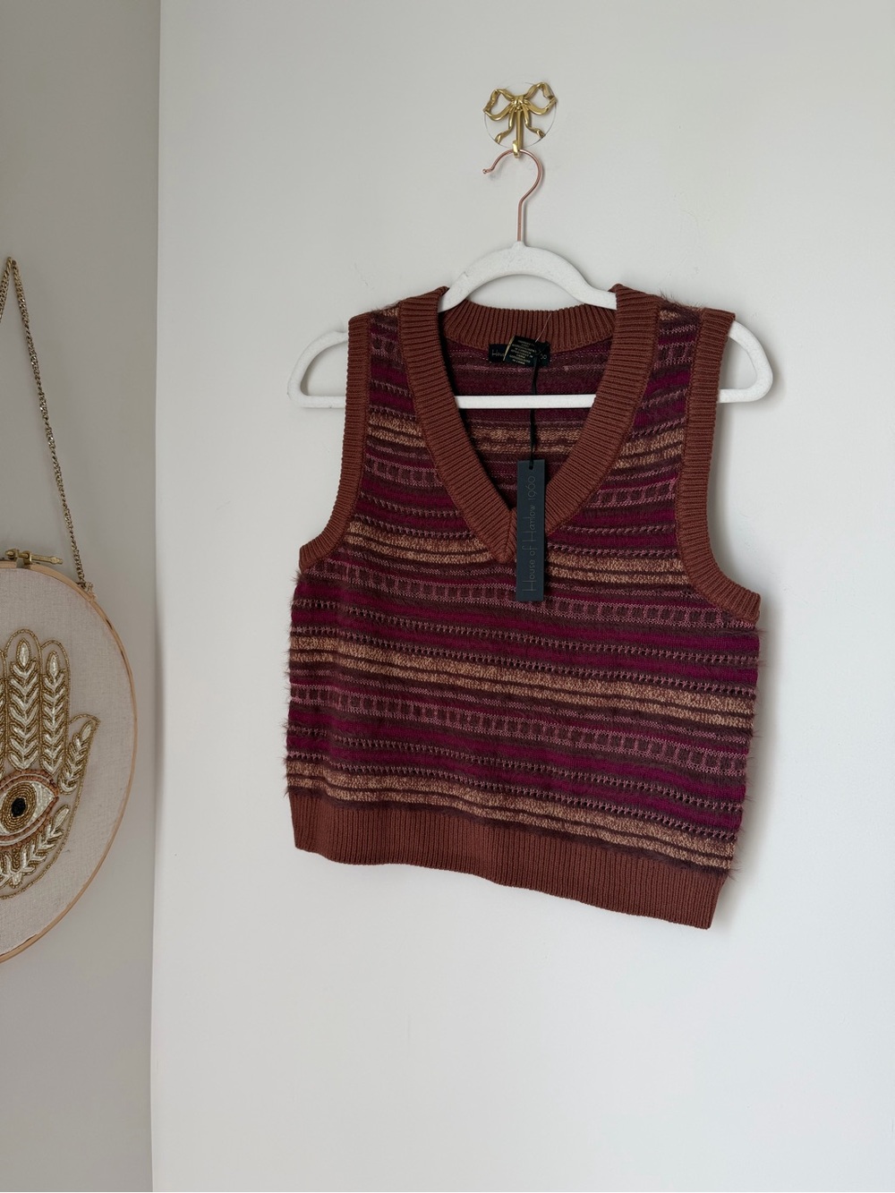 House of Harlow 1960 Striped Knit V-Neck Vest in Brown & Burgundy